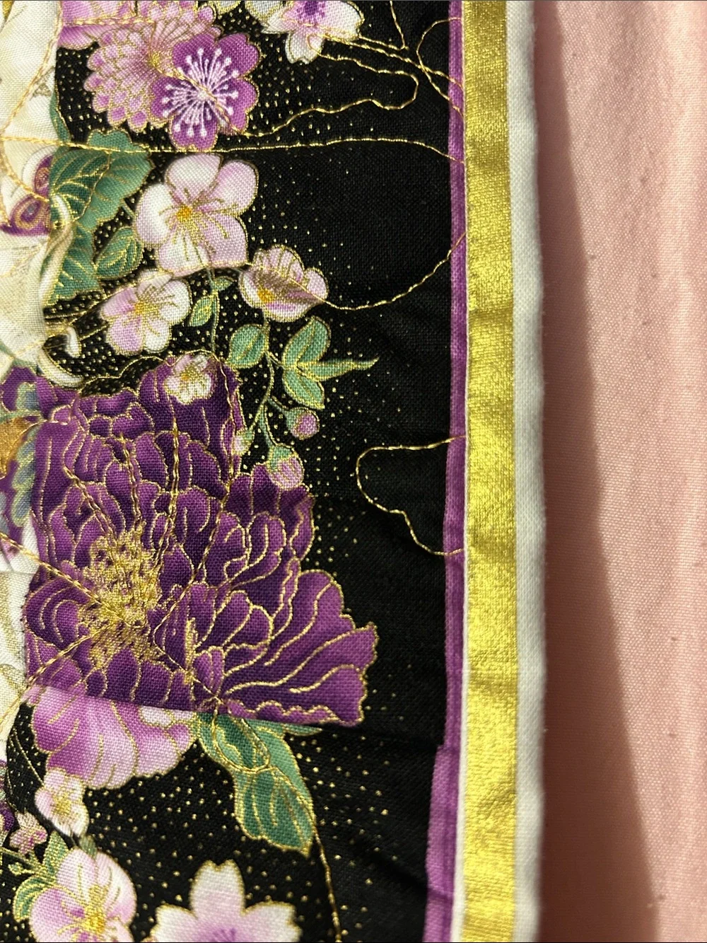 ONE OF A KIND - HANDCRAFTED Purple, gold and off-white Quilt.